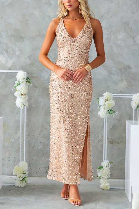 Sleeveless Open Back Slit Sequin Maxi Party Dress