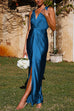 Camilladress V Neck Twist Front Slit Maxi Satin Dress