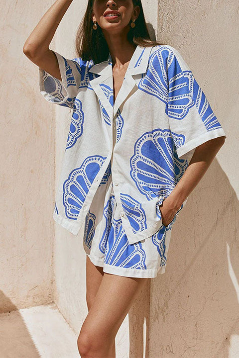 Camilladress V Neck Short Sleeves Shirt and Drawstring Waist Shorts Seashell Print Set