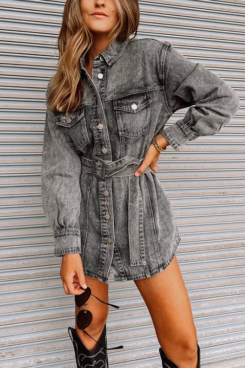 Camilladress Vintage Long Sleeves Belted Denim Mini Shirt Dress