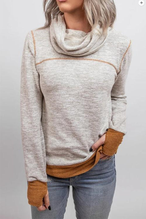 Camilladress Casual Cowl Neck Color Block Pullover with Thumb Hole