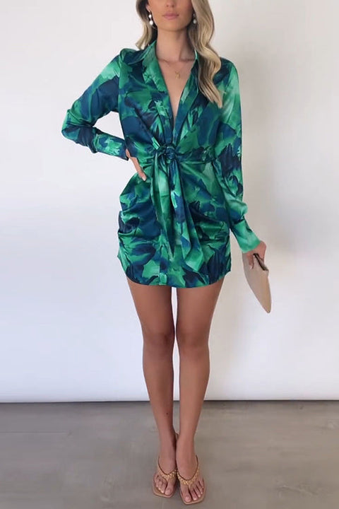 Long Sleeves Tie Front Printed Bodycon Mini Shirt Dress