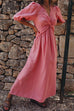 Camilladress V Neck Twist Knot Front Puff Sleeves Cotton Linen Maxi Dress