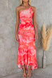 One Shoulder Mesh Overlay Floral Print Ruffle Maxi Dress