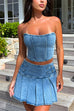 Camilladress Crop Tube Top High Rise Slit Pleated Mini Skirt Denim Set