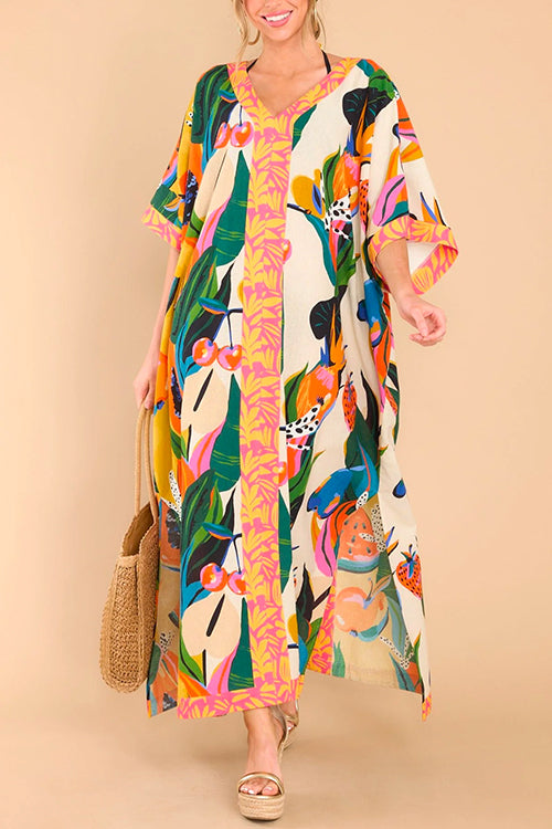 Camilladress Kimono Sleeves Side Split Tropic Print Maxi Caftan Dress