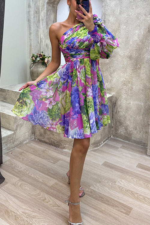 Camilladress Ruched One Shoulder Waisted Floral Print Flowy Dress