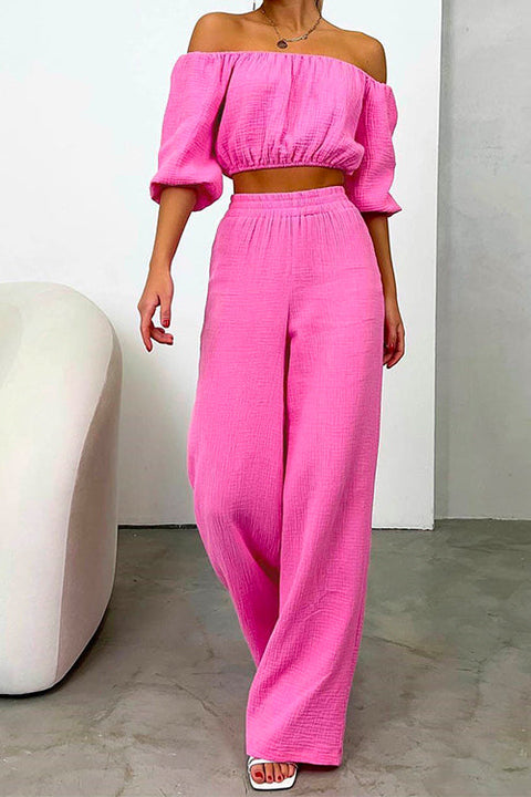 Camilladress Off Shoulder Half Sleeves Crop Top Wide Leg Pants Set