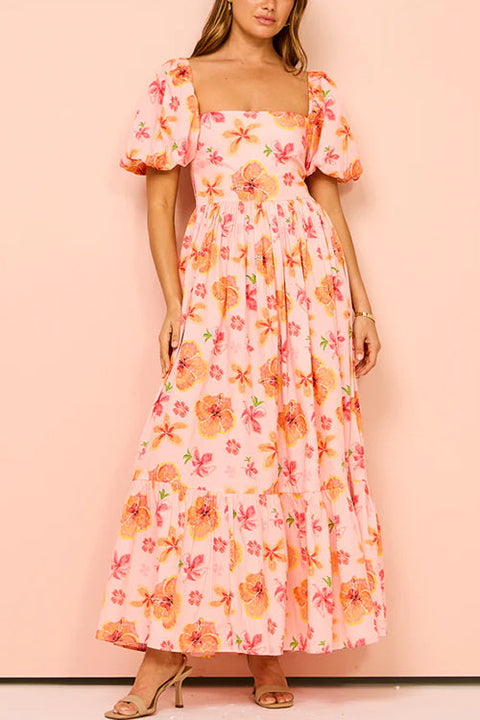 Camilladress Square Neck Puff Sleeves Floral Print Ruffle Maxi Dress