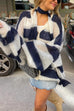 Camilladress Lantern Sleeves Button Down Color Block Stripes Sweater with Scarf