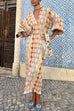 Moxidress V Neck Lantern Sleeves Geometric Print Maxi Dress