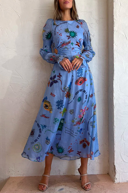 Camilladress Balloon Long Sleeves Cut Out Graffiti Printed Flowy Midi Dress