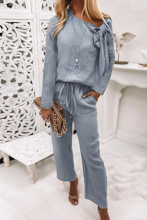 Camilladress Bow Knot Neck Pullover Top+Pants Lounge Set