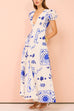 V Neck Puff Sleeves Resort Print A-line Maxi Dress