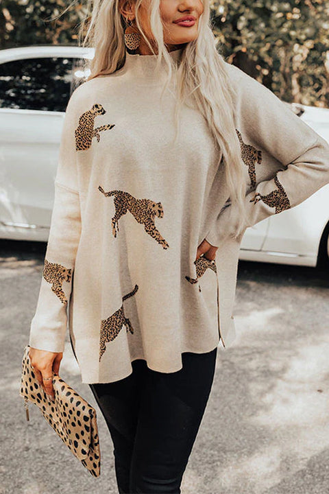 Camilladress High Neck Side Slit Cheetah Pattern Sweater