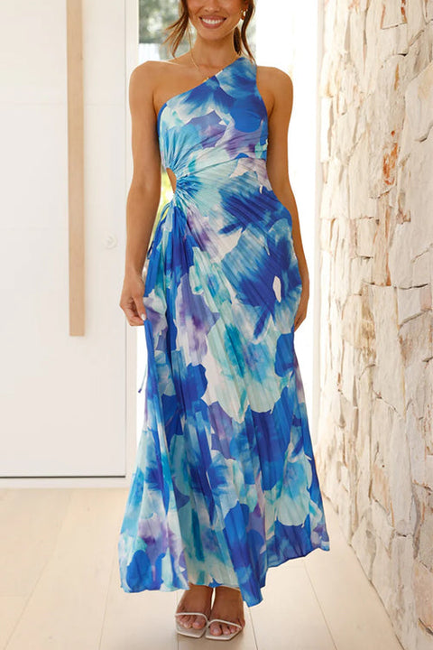 Camilladress One Shoulder Sleeveless Cut Out Printed Swing Maxi Dress