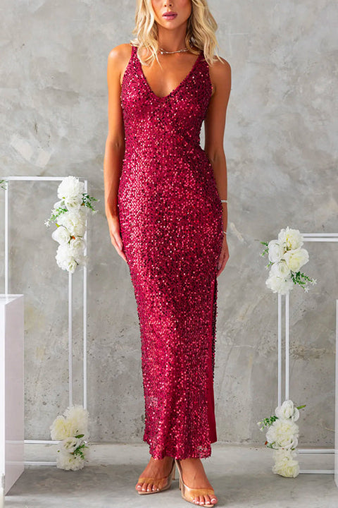 Party Glam Sleeveless Open Back Slit Sequin Maxi Dress