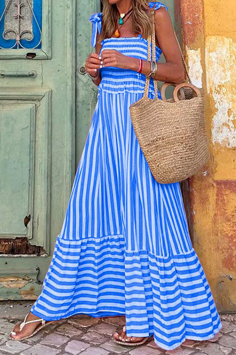 Camilladress Striped Bow Knot Shoulder Smocked Ruffle Maxi Holiday Dress