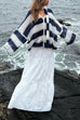 Camilladress Lantern Sleeves Button Down Color Block Stripes Sweater with Scarf