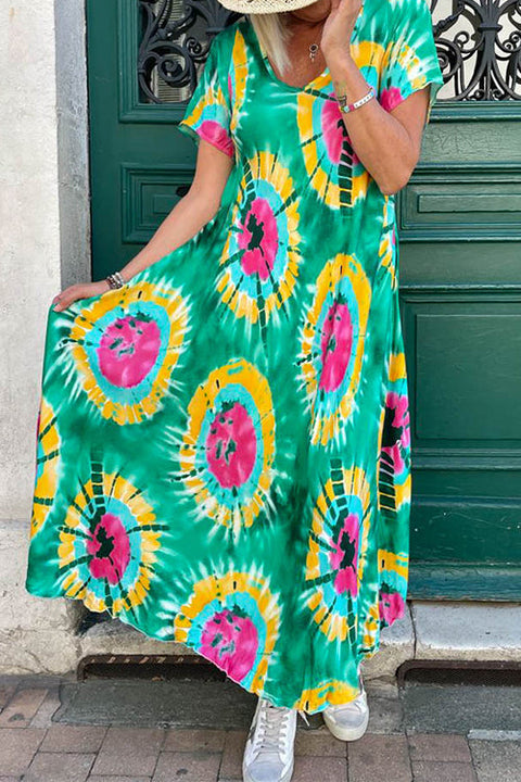 Camilladress V Neck Short Sleeve Tie Dye Maxi Swing Dress