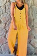 Camilladress Scoop Neck Buttons Wide Leg Solid Cotton Linen Overalls