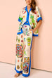 Camilladress Graffiti Print Short Sleeves Blouse Shirt Drawstring Waist Wide Leg Pants Satin Set