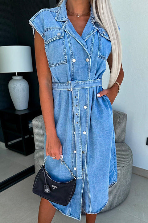 Camilladress Lapel Double Breasted Curve Hem Denim Midi Dress with Belt