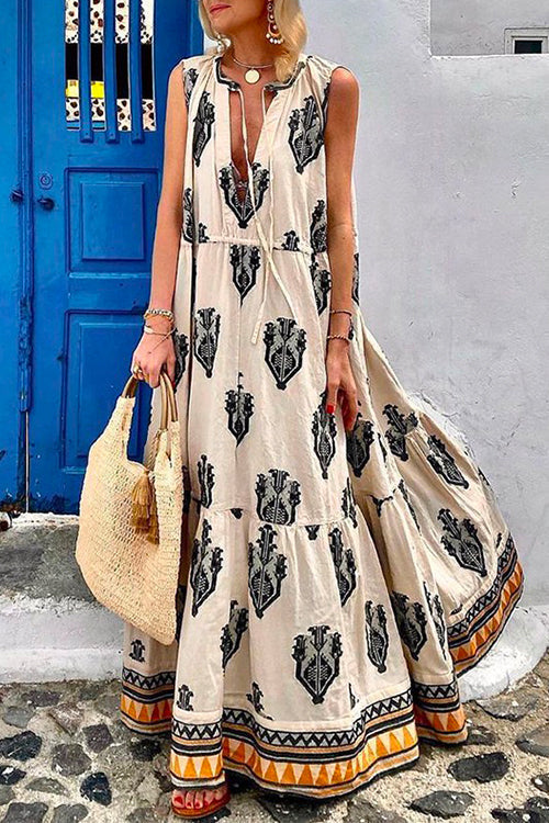 Camilladress Tassle Deep V Neck Sleeveless Printed Maxi Swing Holiday Dress