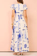 V Neck Puff Sleeves Resort Print A-line Maxi Dress