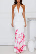 Camilladress Halter V Neck Backless Ruched Flower Print Maxi Dress