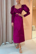 Cross Front Puff Sleeves Cut Out Velvet Midi Dress