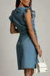 Camilladress V Neck Button Up Tie Waist Ruffle Trim Denim Dress