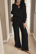 Casual Long Sleeves Button Down Blouse Shirt Wide Leg Pants Set