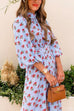 Mockneck Balloon Sleeves Waisted Floral Midi Vacation Dress