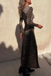 Long Sleeves High Waist Slit Leopard Maxi Dress