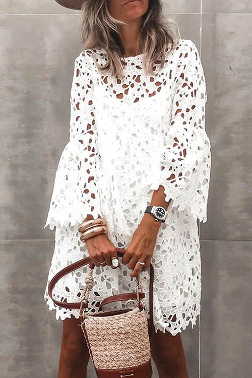 Camilladress Bell Sleeves Hollow Out Lace Dress with Slip