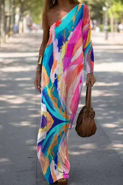 Camilladress One Shoulder Long Sleeve Tie Dye Maxi Holiday Dress