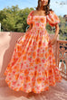 Camilladress Square Neck Puff Sleeves Floral Print Ruffle Maxi Dress