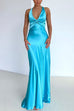 V Neck Twist Front Tie Bow Backless Satin Maxi Dress