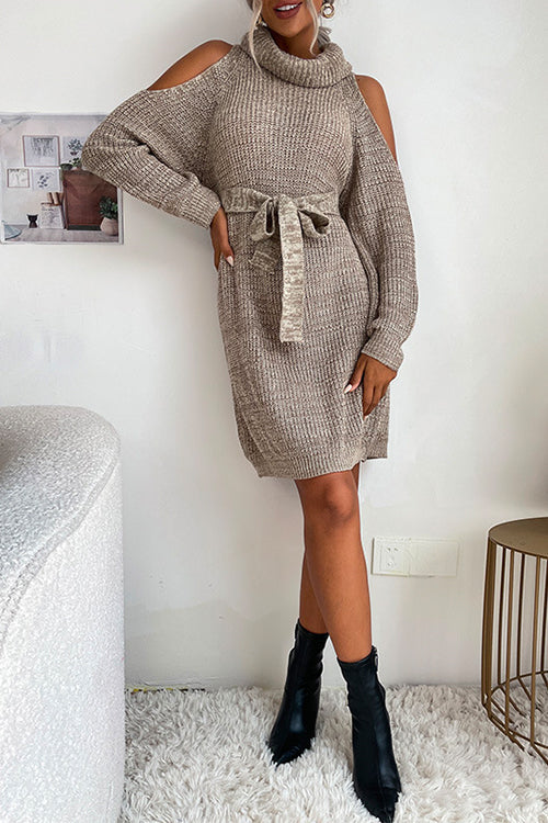 Camilladress Turtleneck Cold Shoulder Belted Sweater Dress