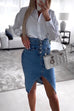 Camilladress High Waist Slit Front Knee Length Denim Skirt