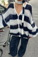 Camilladress Lantern Sleeves Button Down Color Block Stripes Sweater with Scarf