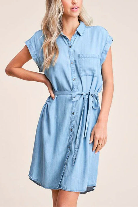 Camilladress Short Sleeves Tie Waist Button Down Denim Shirt Dress