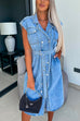 Camilladress Lapel Double Breasted Curve Hem Denim Midi Dress with Belt