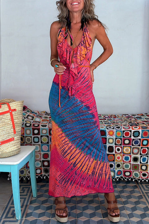 Camilladress Ruffle Trim Halter Lace-up Backless Tie Dye Maxi Dress