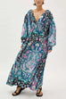 V Neck Long Sleeves Tie Waist Printed Maxi Dress