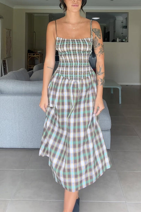 Spaghetti Strap Smocked Plaid Midi Dress