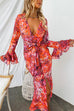 Deep V Neck Ruffle Sleeves Tie Waist Printed Maxi Dress