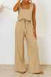 Camilladress Square Collar Crop Tank Top Tie Waist Wide Leg Pants Cotton Linen Set