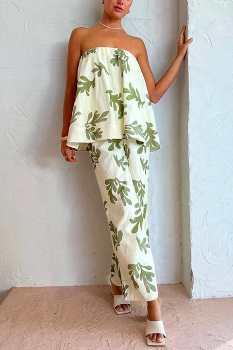 Off Shoulder Sleeveless Loose Top Wide Leg Pants Printed Holiday Set